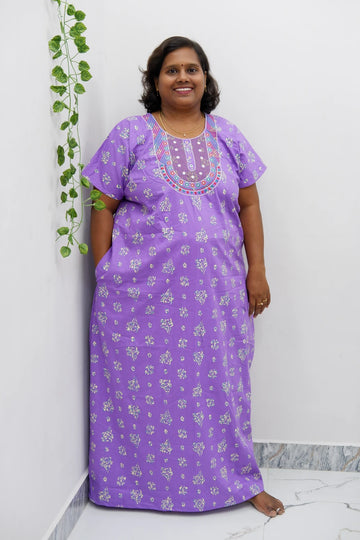 Mirror Work Cotton Nighty with Elegant Embroidery – Soft & Stylish