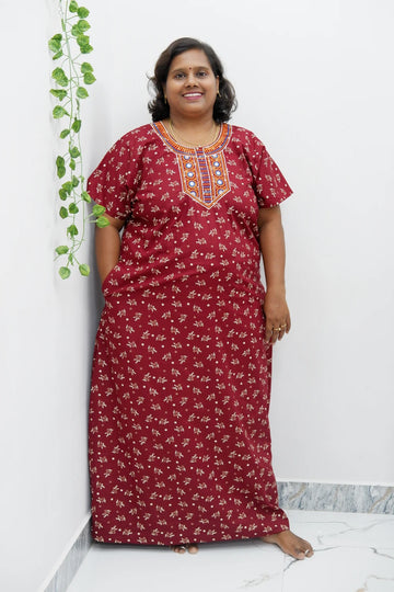 Mirror Work Cotton Nighty with Elegant Embroidery – Soft & Stylish