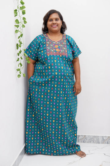 Mirror Work Cotton Nighty with Elegant Embroidery – Soft & Stylish