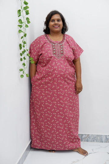 Mirror Work Cotton Nighty with Elegant Embroidery – Soft & Stylish