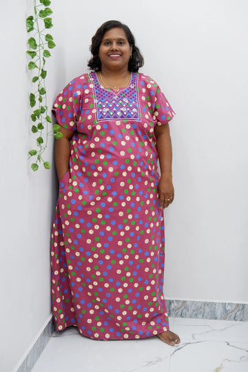 Mirror Work Cotton Nighty with Elegant Embroidery – Soft & Stylis