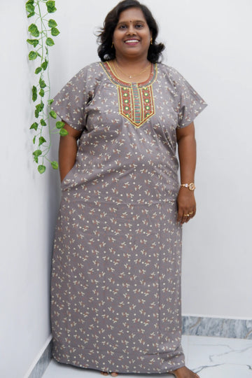 Mirror Work Cotton Nighty with Elegant Embroidery – Soft & Stylis