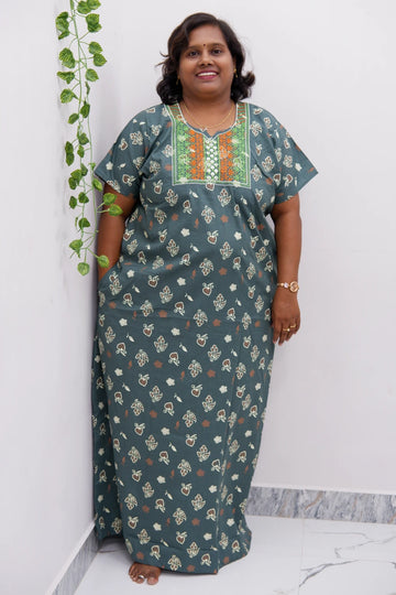 Mirror Work Cotton Nighty with Elegant Embroidery – Soft & Stylis
