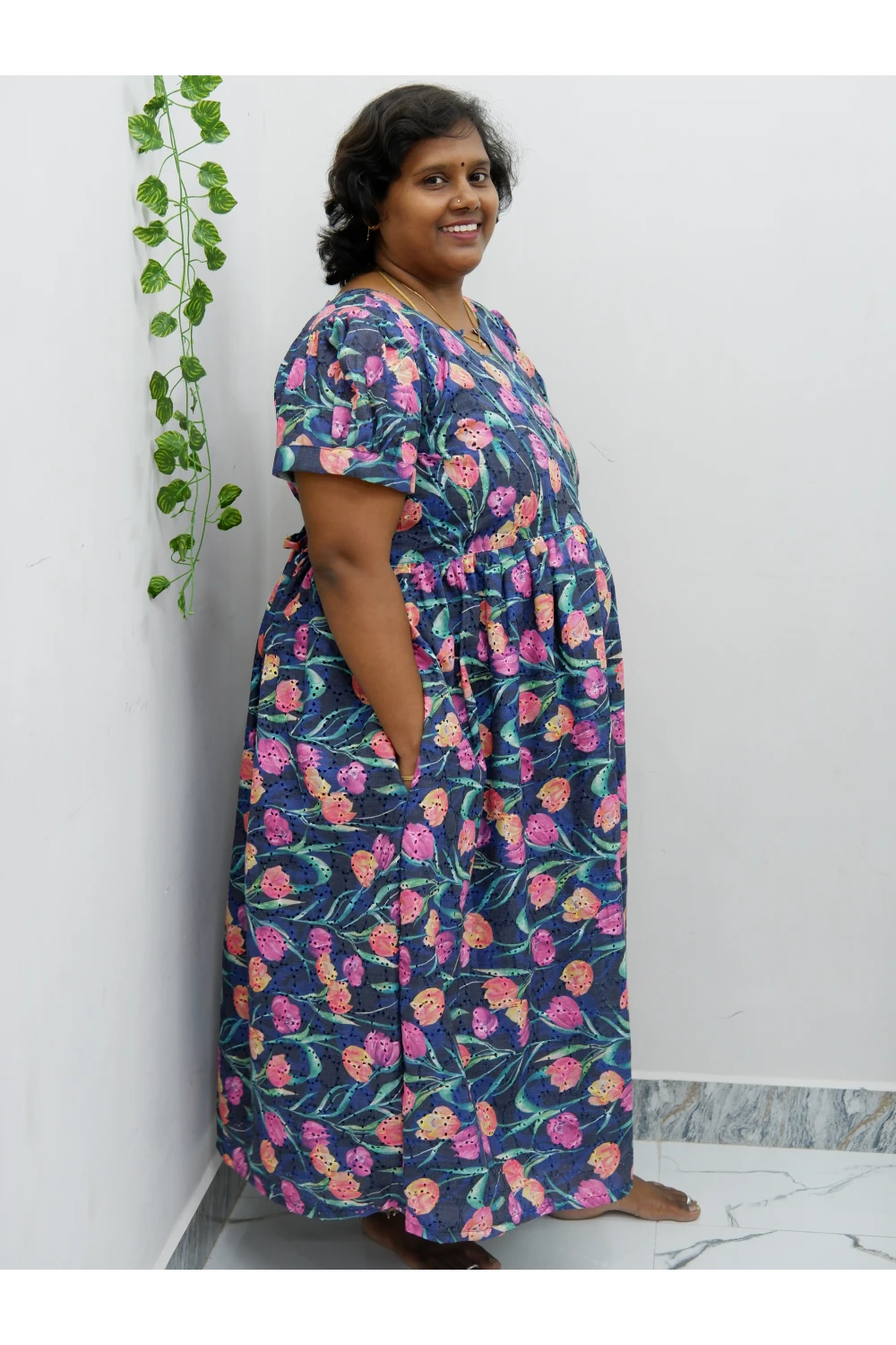 Trendy Puff Sleeve Kurti –Acoba Cotton Midi with lining Length Frock Style for Women