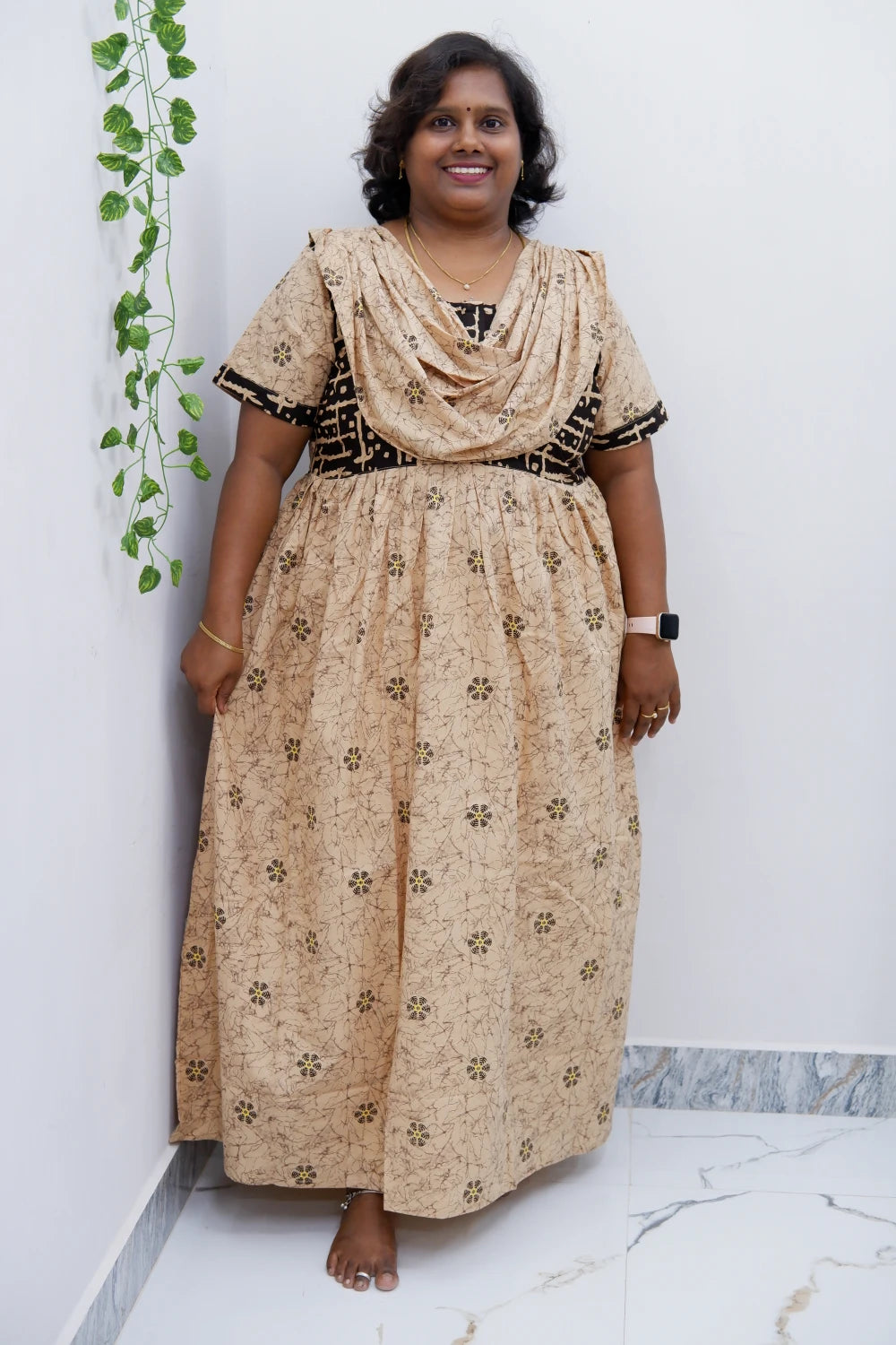 Shawl Draped Cotton Frock Nighty – Soft & Breezy