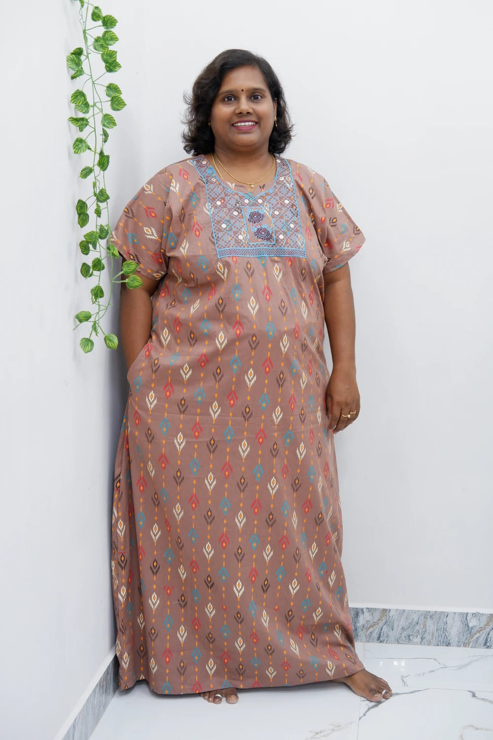 Mirror Work Cotton Nighty with Elegant Embroidery – Soft & Stylish
