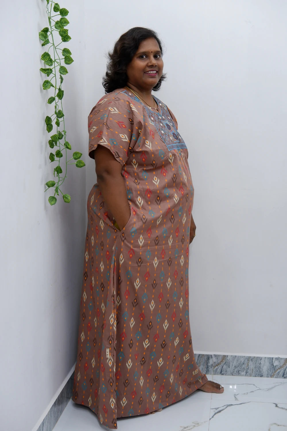 Mirror Work Cotton Nighty with Elegant Embroidery – Soft & Stylish