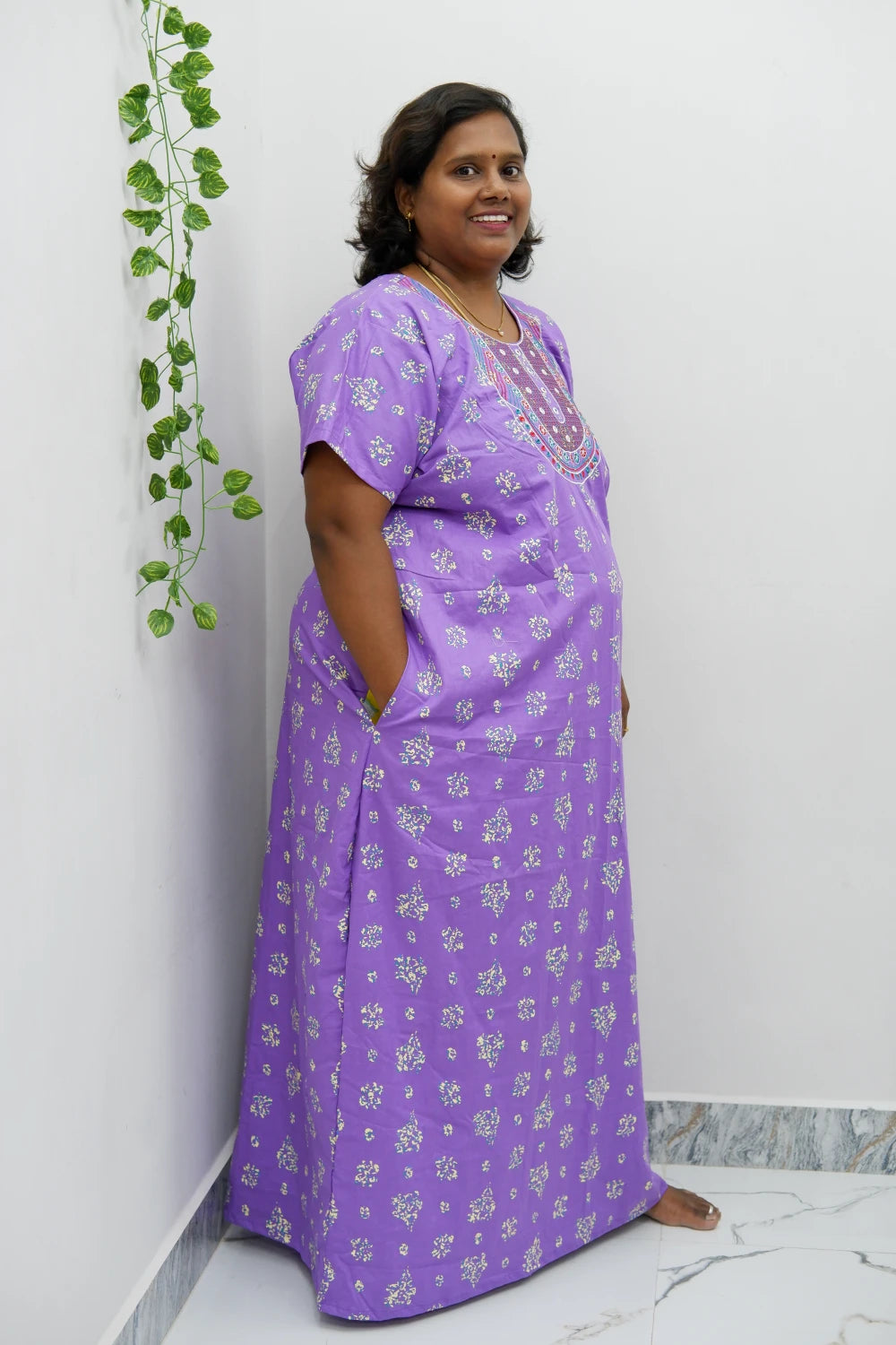 Mirror Work Cotton Nighty with Elegant Embroidery – Soft & Stylish