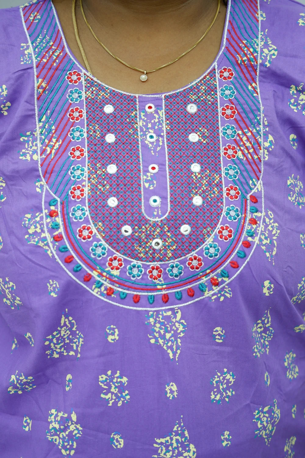 Mirror Work Cotton Nighty with Elegant Embroidery – Soft & Stylish