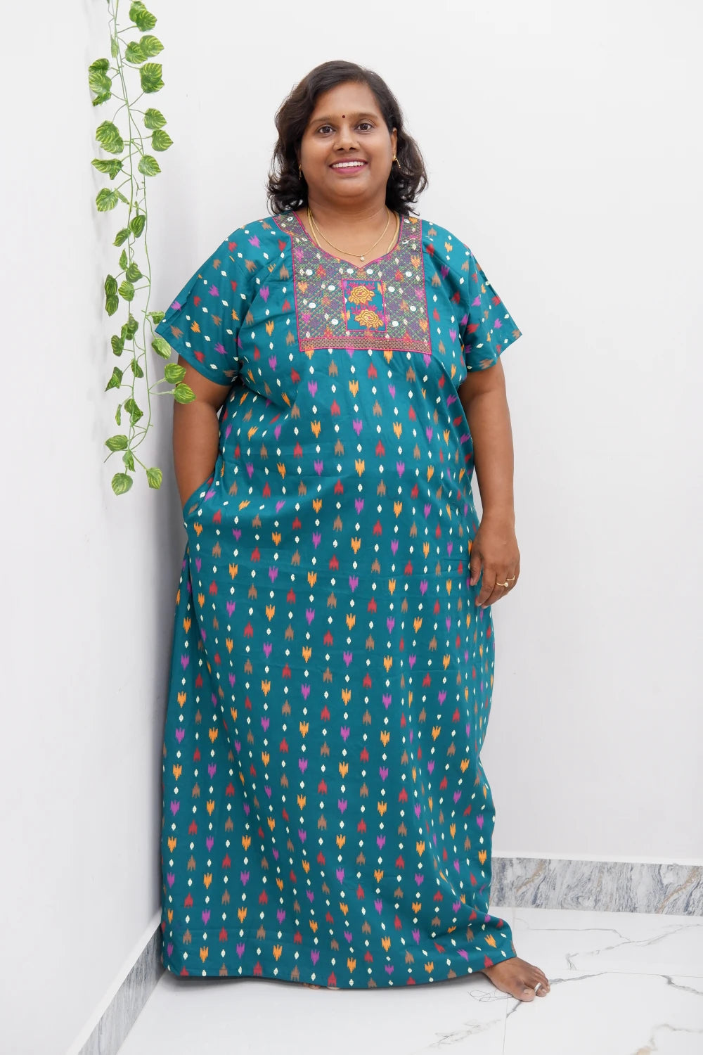 Mirror Work Cotton Nighty with Elegant Embroidery – Soft & Stylish
