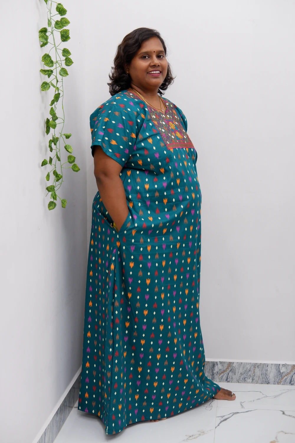 Mirror Work Cotton Nighty with Elegant Embroidery – Soft & Stylish