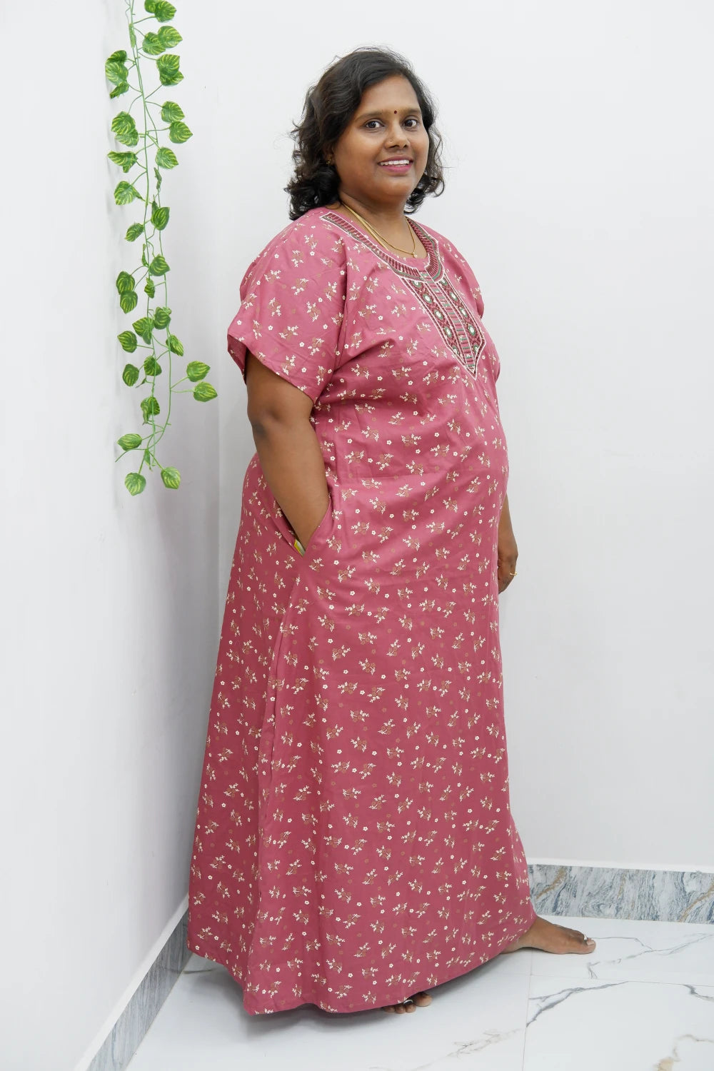 Mirror Work Cotton Nighty with Elegant Embroidery – Soft & Stylish