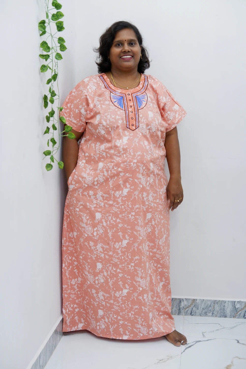 Mirror Work Cotton Nighty with Elegant Embroidery – Soft & Stylish