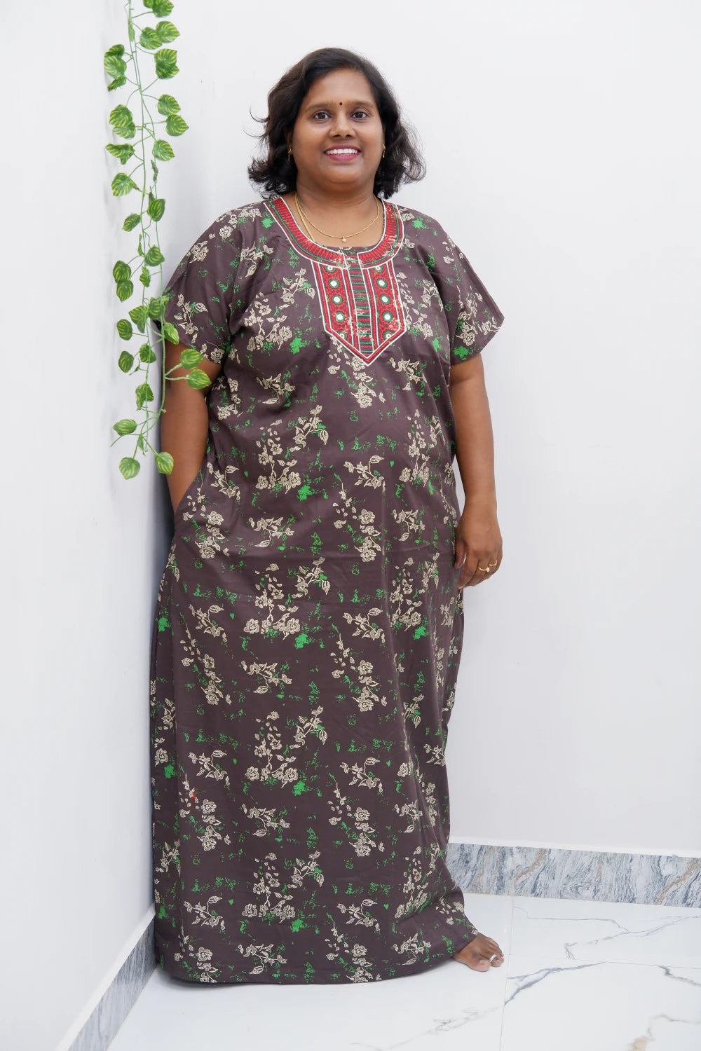 Mirror Work Cotton Nighty with Elegant Embroidery – Soft & Stylis