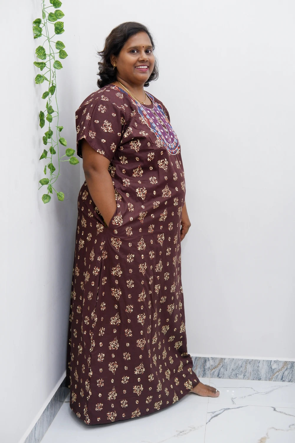 Mirror Work Cotton Nighty with Elegant Embroidery – Soft & Stylis