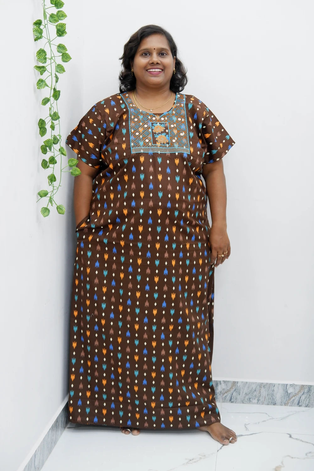 Mirror Work Cotton Nighty with Elegant Embroidery – Soft & Stylis