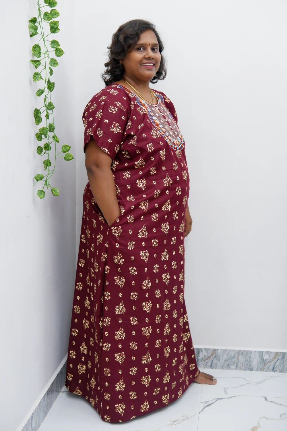 Mirror Work Cotton Nighty with Elegant Embroidery – Soft & Stylis