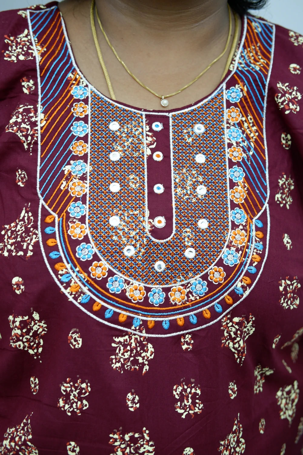 Mirror Work Cotton Nighty with Elegant Embroidery – Soft & Stylis