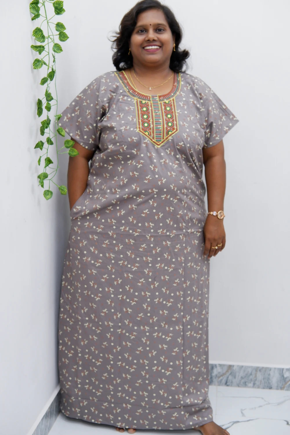 Mirror Work Cotton Nighty with Elegant Embroidery – Soft & Stylis
