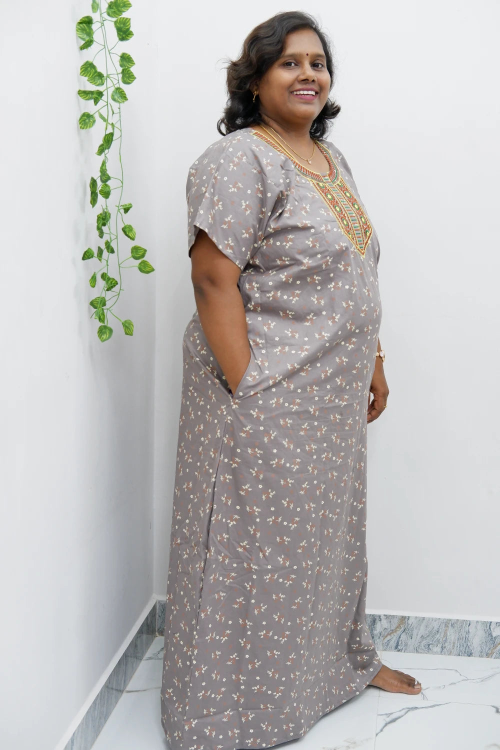 Mirror Work Cotton Nighty with Elegant Embroidery – Soft & Stylis