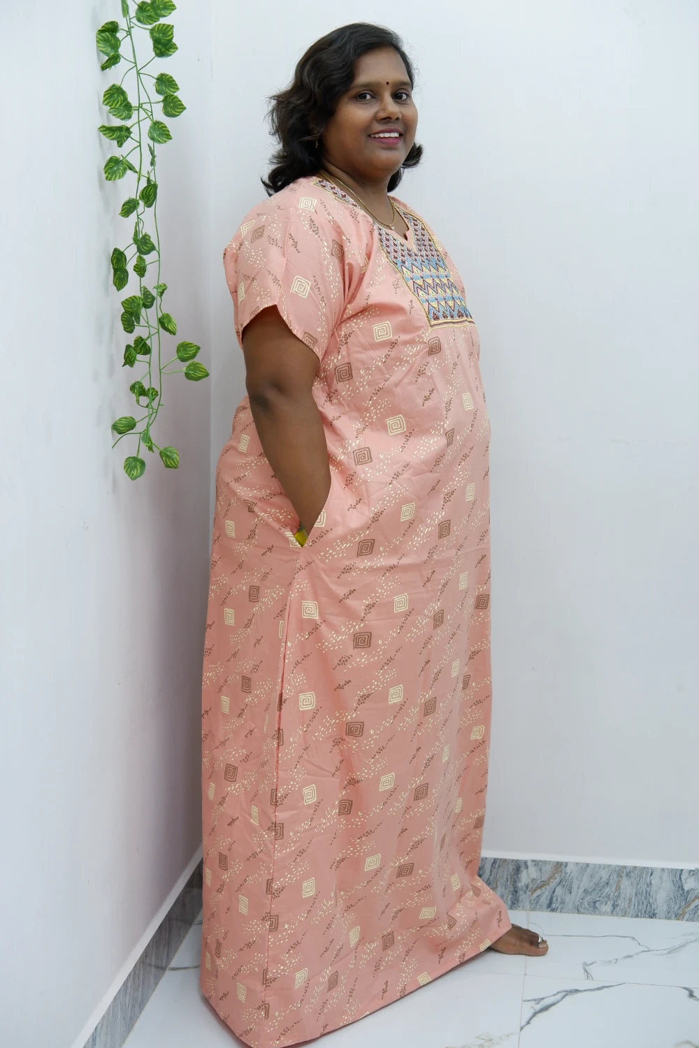 Mirror Work Cotton Nighty with Elegant Embroidery – Soft & Stylis