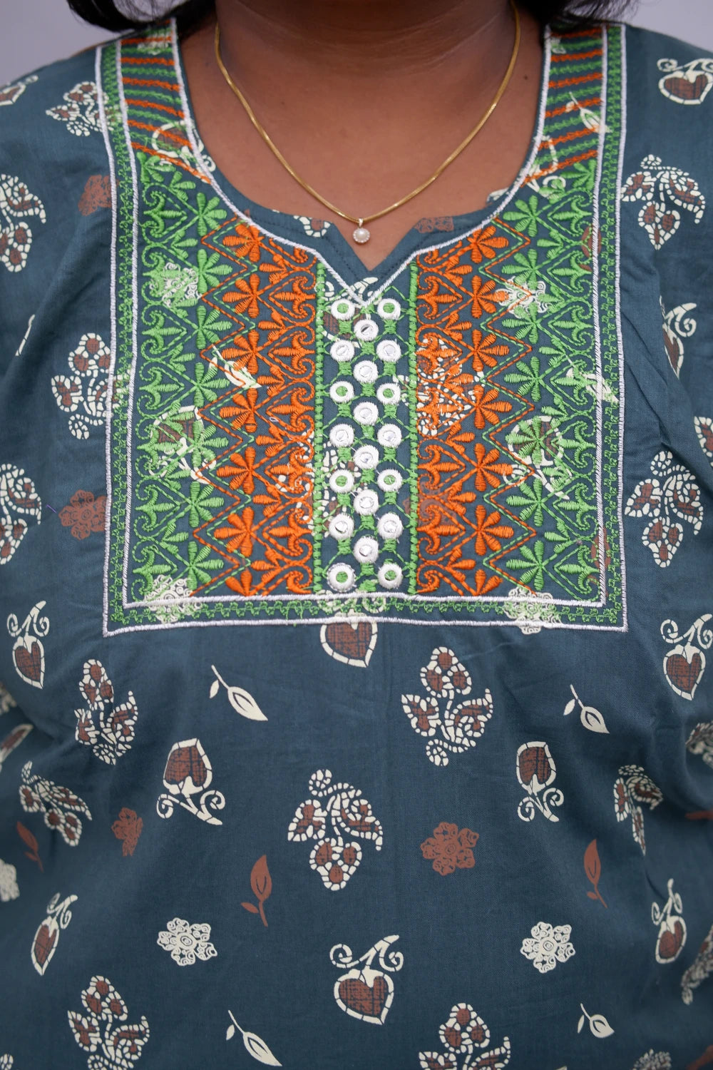 Mirror Work Cotton Nighty with Elegant Embroidery – Soft & Stylis