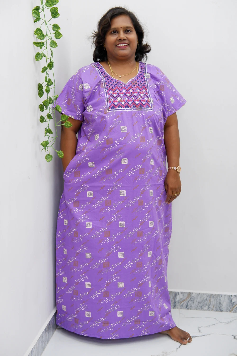 Mirror Work Cotton Nighty with Elegant Embroidery – Soft & Stylis