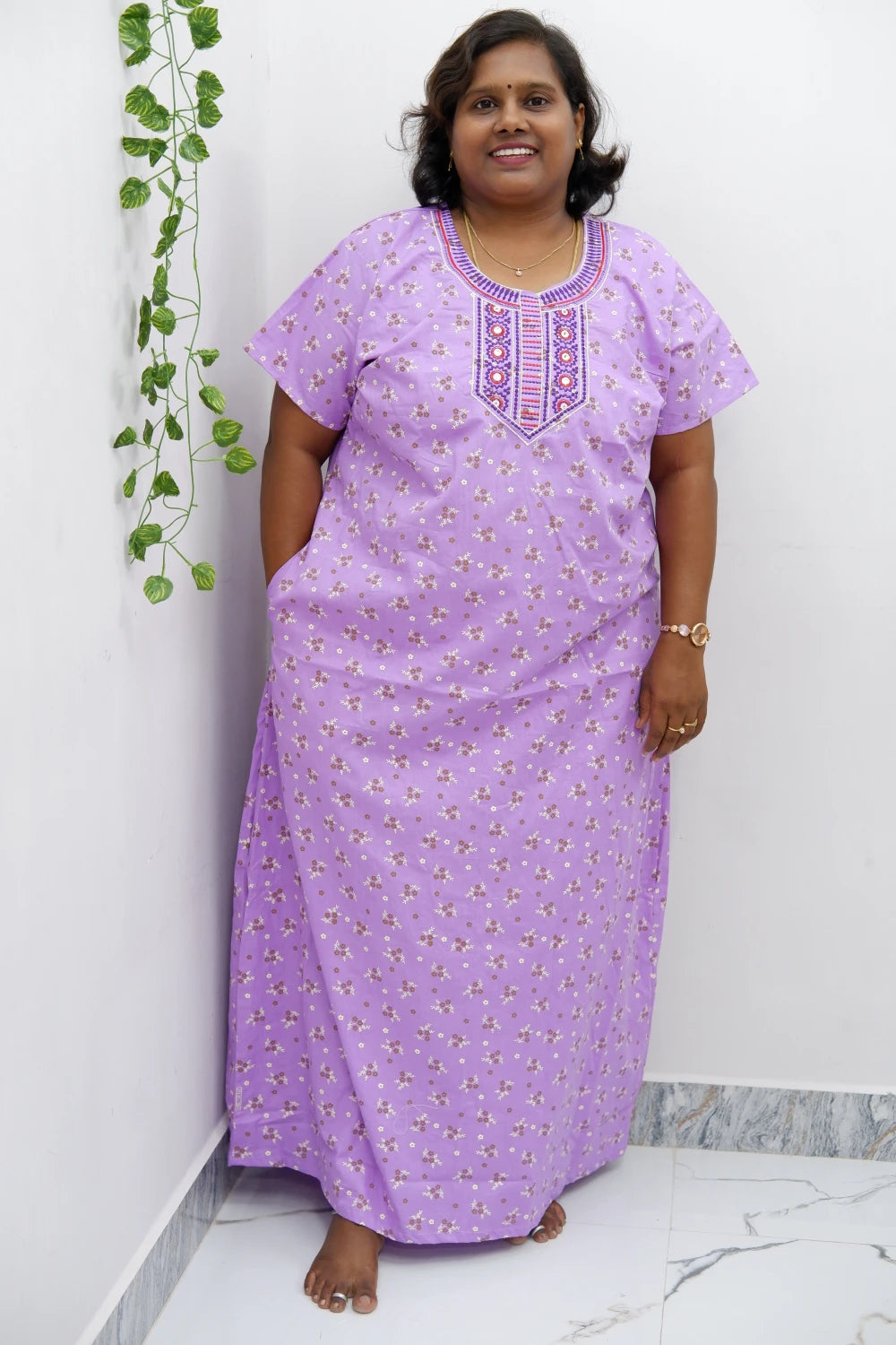Mirror Work Cotton Nighty with Elegant Embroidery – Soft & Stylis