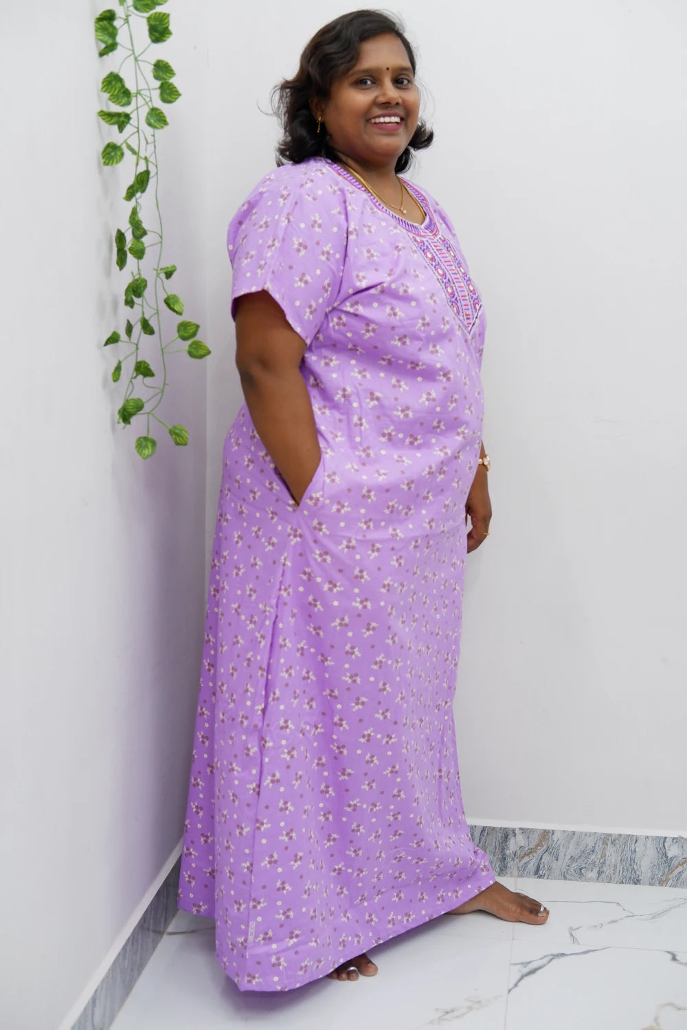 Mirror Work Cotton Nighty with Elegant Embroidery – Soft & Stylis
