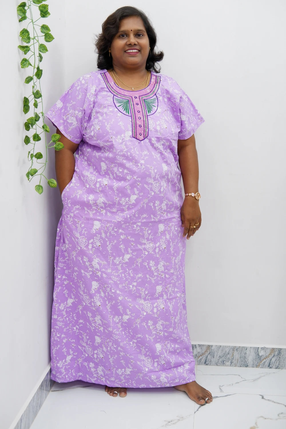 Mirror Work Cotton Nighty with Elegant Embroidery – Soft & Stylis