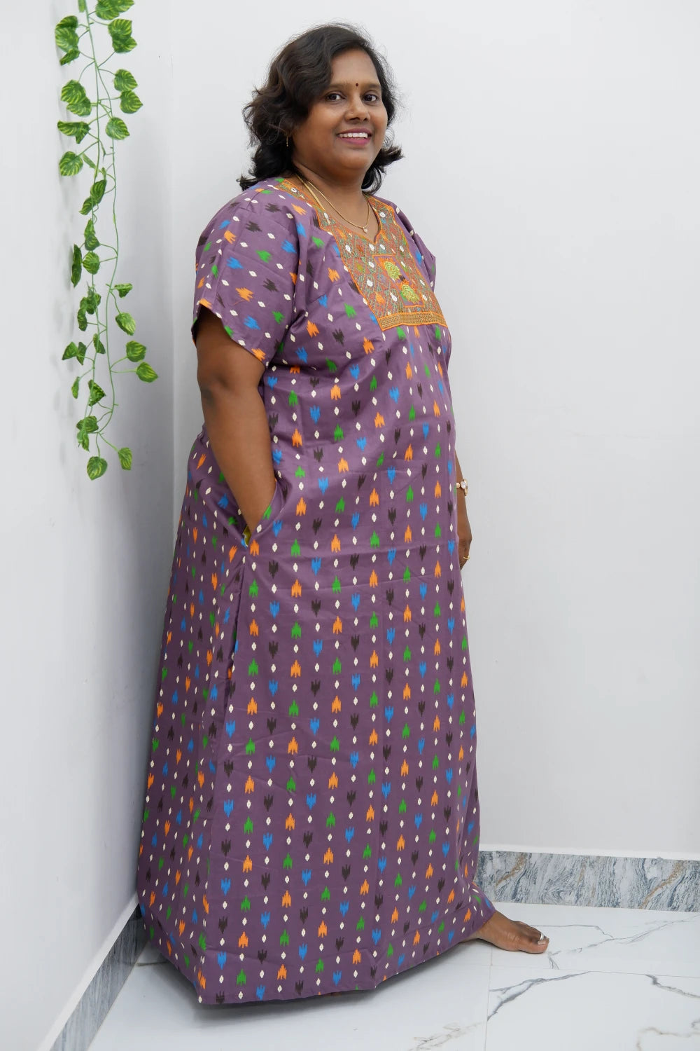 Mirror Work Cotton Nighty with Elegant Embroidery – Soft & Stylis