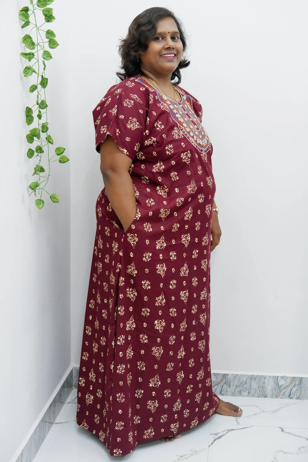 Mirror Work Cotton Nighty with Elegant Embroidery – Soft & Stylis