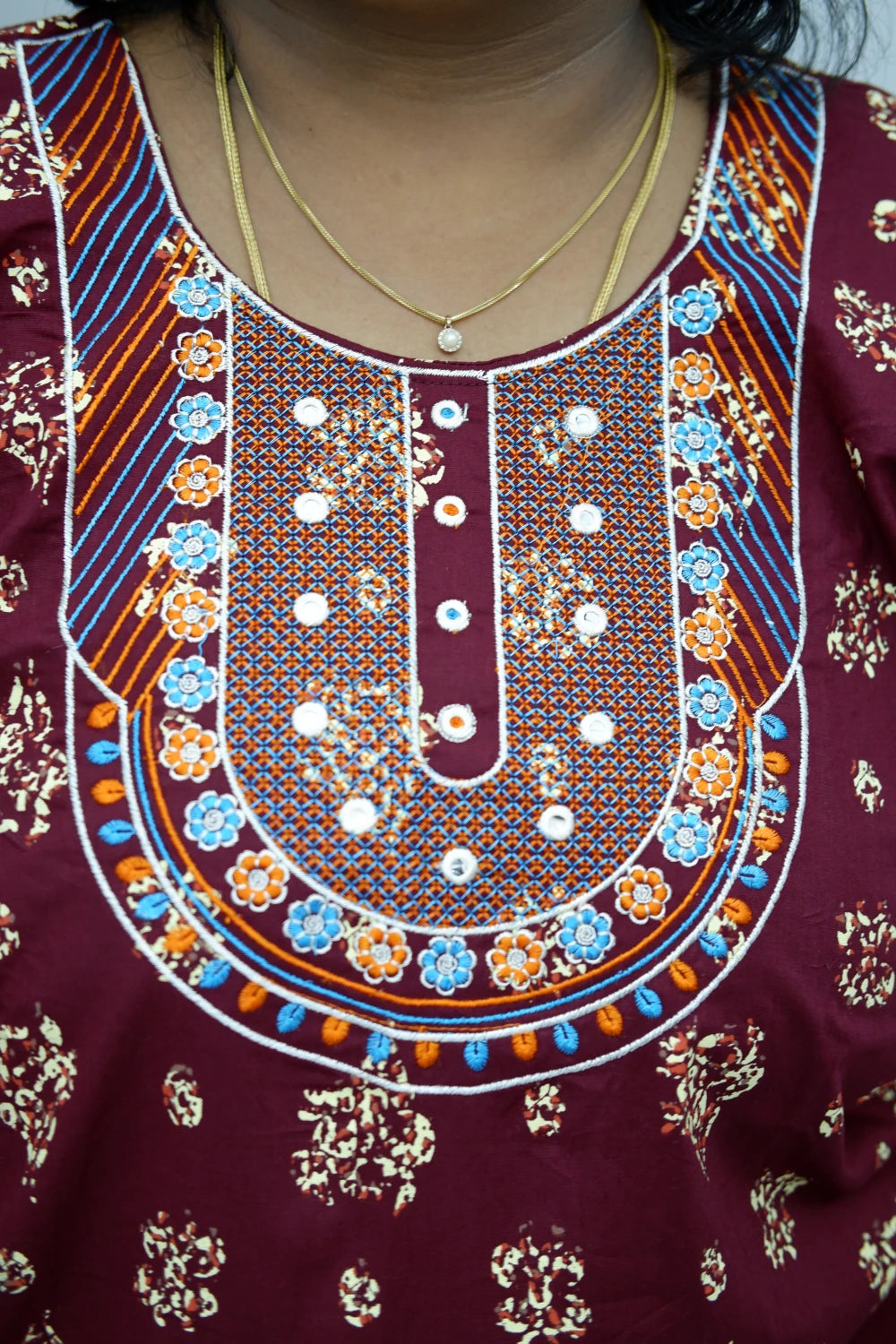 Mirror Work Cotton Nighty with Elegant Embroidery – Soft & Stylis
