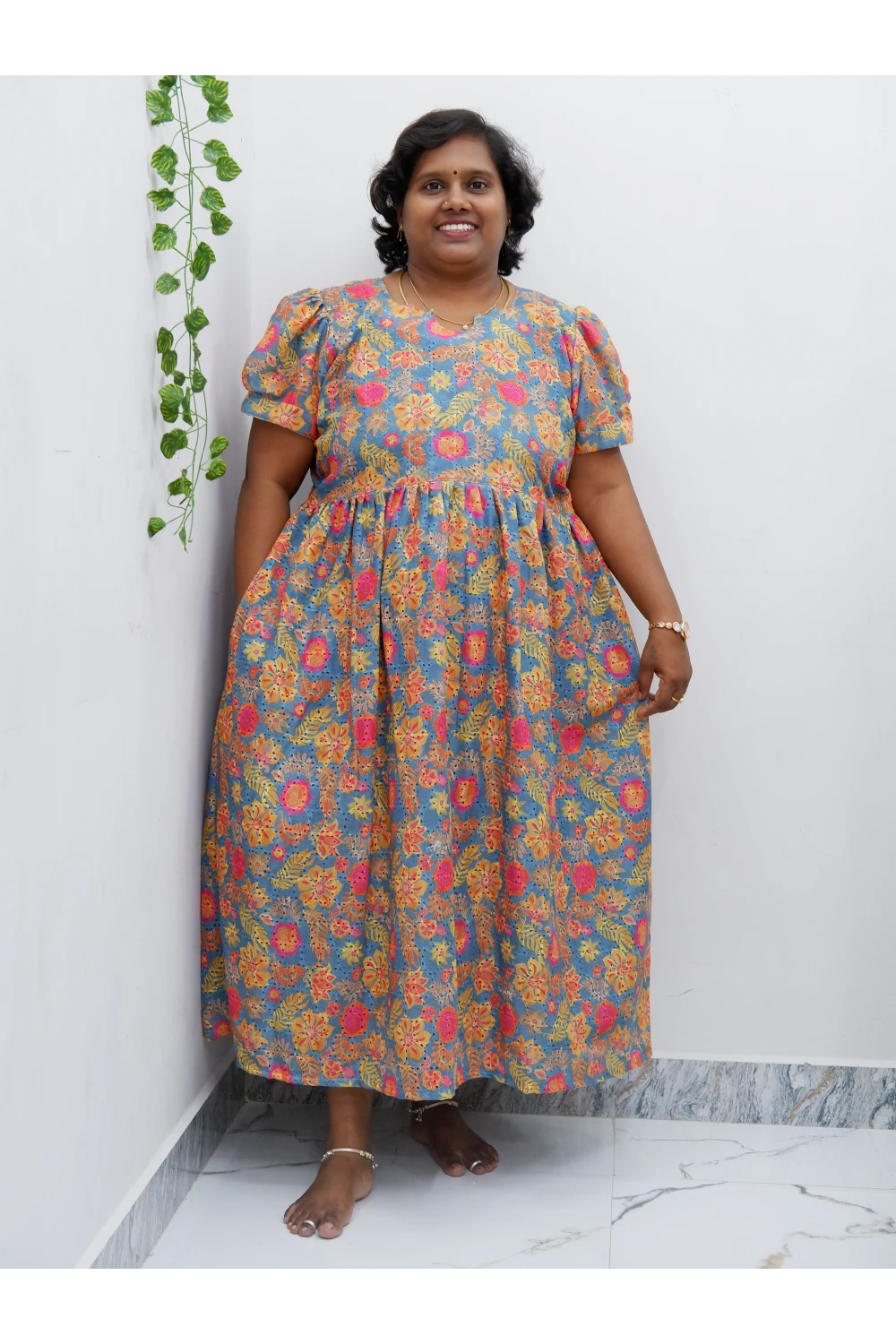 Trendy Puff Sleeve Kurti –Acoba Cotton Midi with lining Length Frock Style for Women