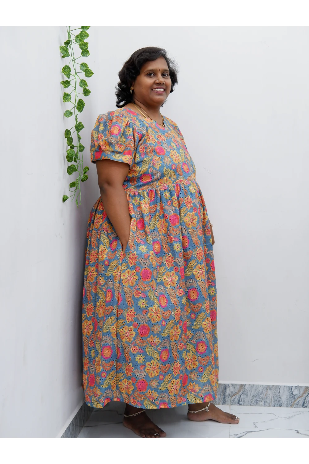 Trendy Puff Sleeve Kurti –Acoba Cotton Midi with lining Length Frock Style for Women