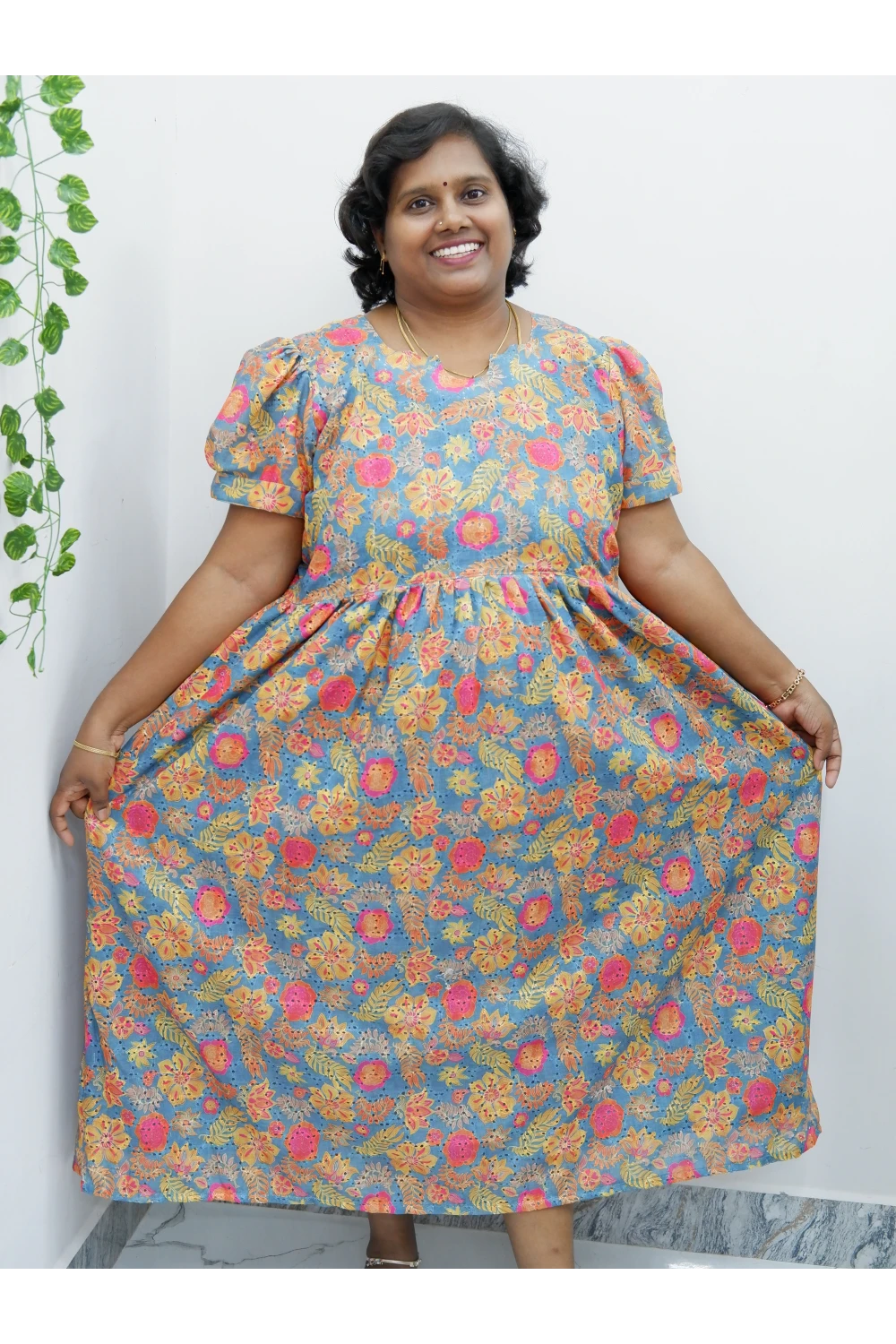 Trendy Puff Sleeve Kurti –Acoba Cotton Midi with lining Length Frock Style for Women