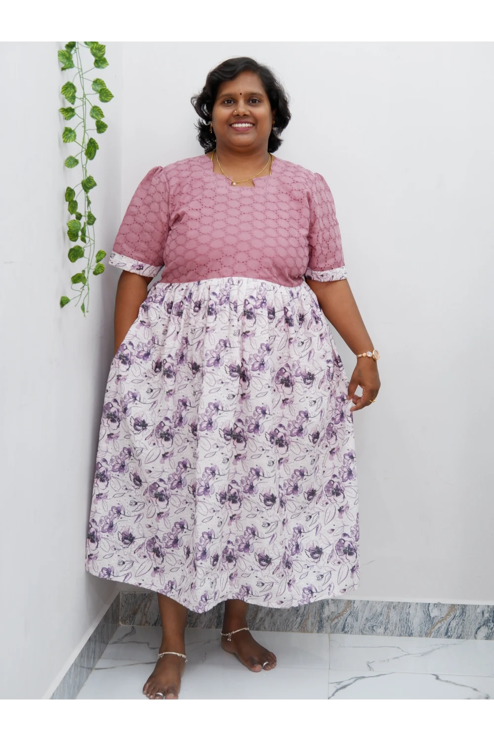 Trendy Puff Sleeve Kurti –Acoba Cotton Midi with lining Length Frock Style for Women