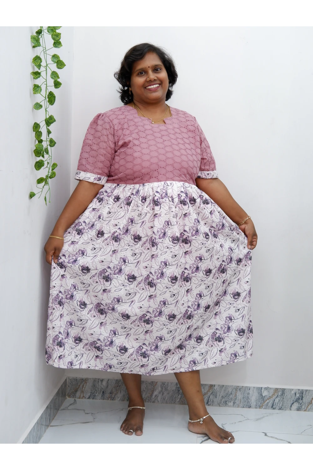 Trendy Puff Sleeve Kurti –Acoba Cotton Midi with lining Length Frock Style for Women