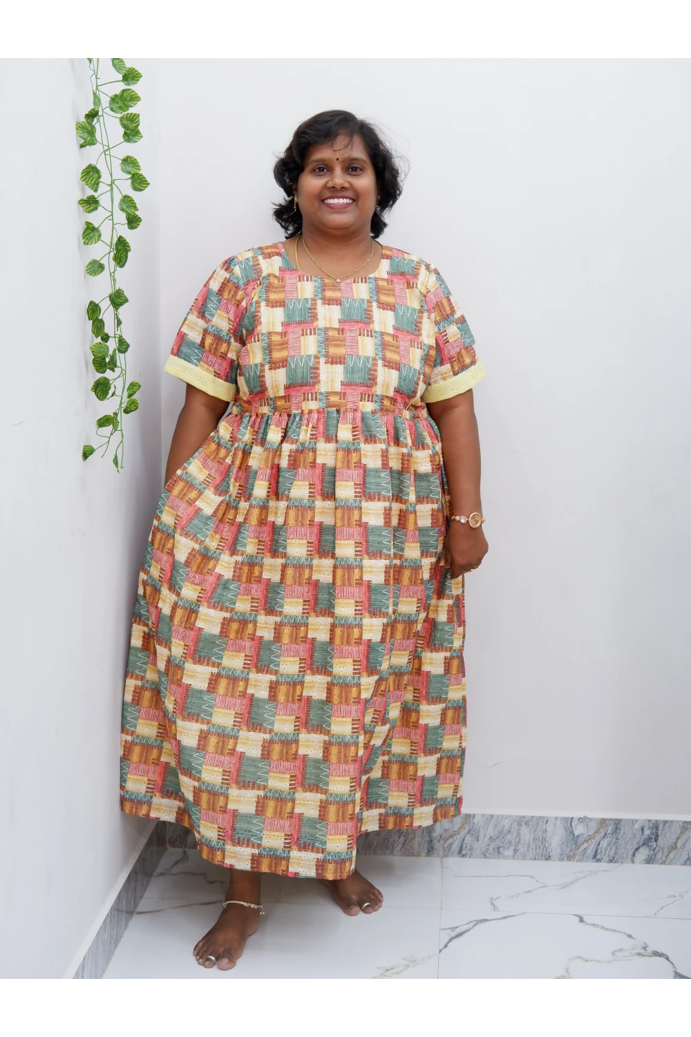 Trendy Puff Sleeve Kurti –Acoba Cotton Midi with lining Length Frock Style for Women