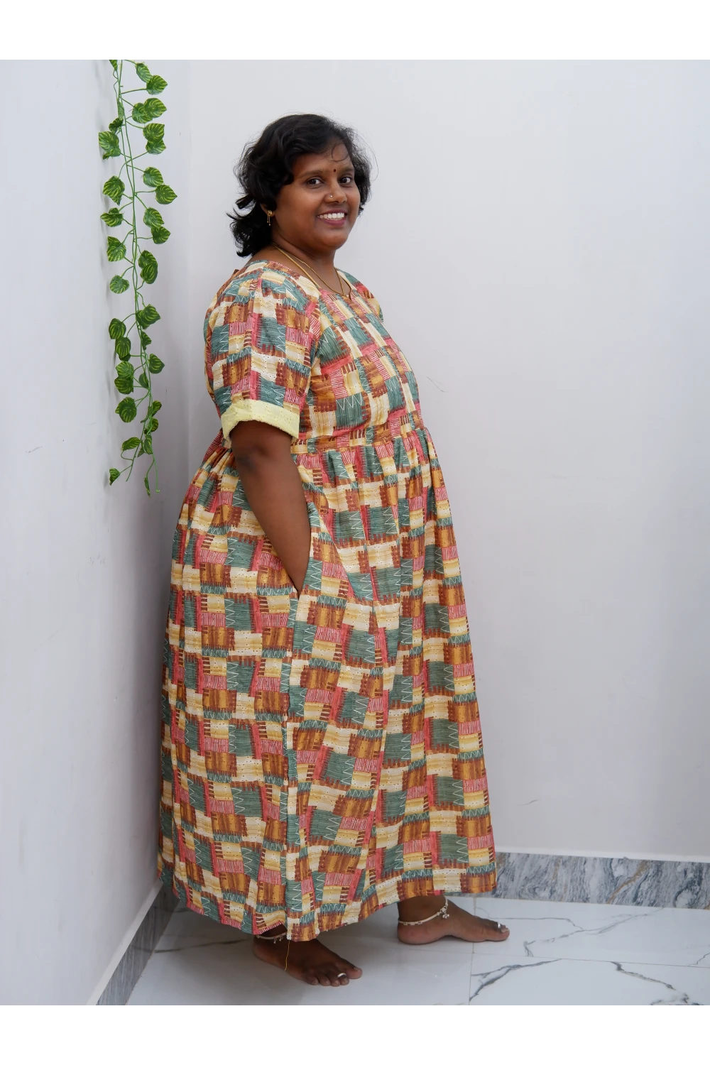 Trendy Puff Sleeve Kurti –Acoba Cotton Midi with lining Length Frock Style for Women