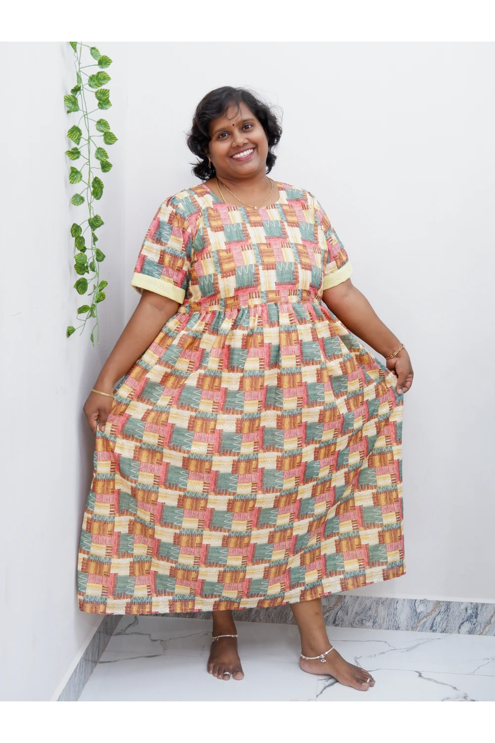 Trendy Puff Sleeve Kurti –Acoba Cotton Midi with lining Length Frock Style for Women