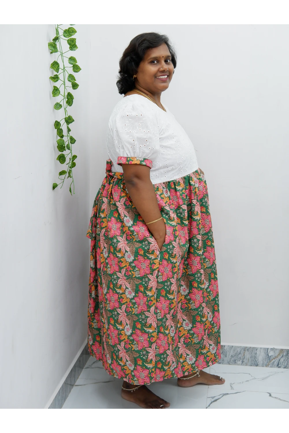 Trendy Puff Sleeve Kurti –Acoba Cotton Midi with lining Length Frock Style for Women