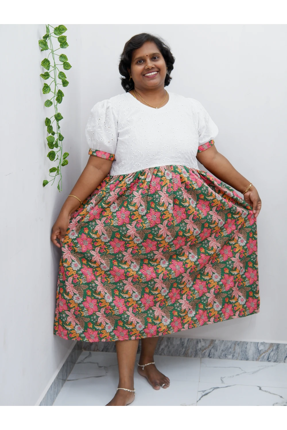 Trendy Puff Sleeve Kurti –Acoba Cotton Midi with lining Length Frock Style for Women