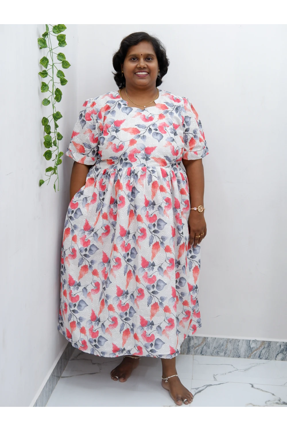 Trendy Puff Sleeve Kurti –Acoba Cotton Midi with lining Length Frock Style for Women