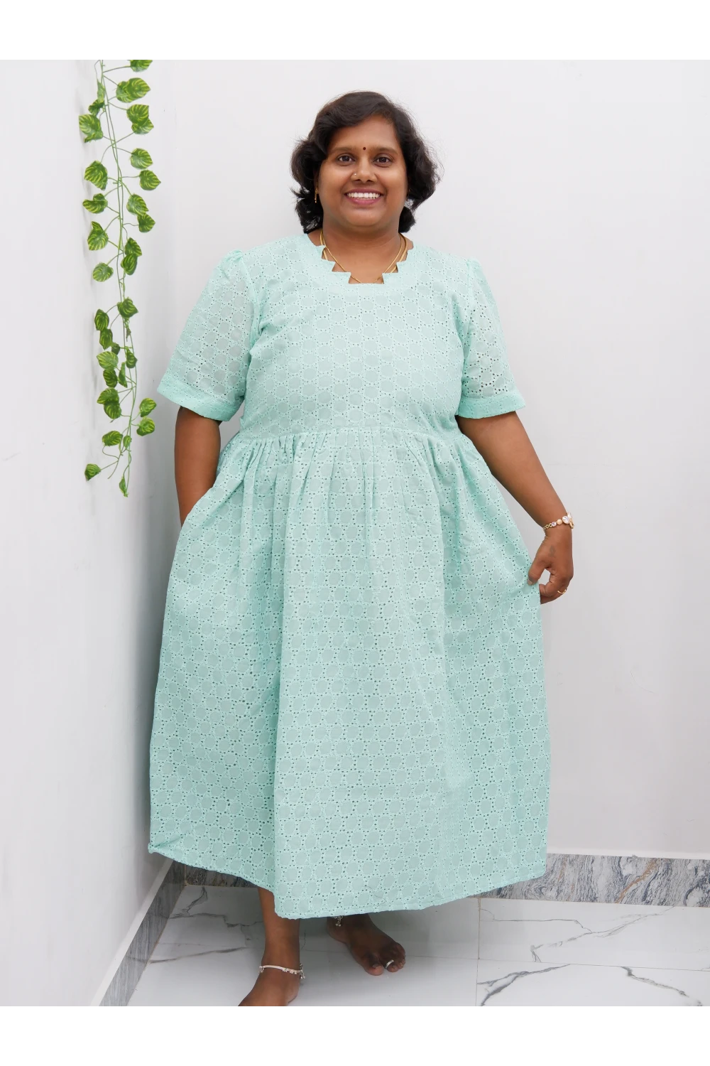 Trendy Puff Sleeve Kurti –Acoba Cotton Midi with lining Length Frock Style for Women