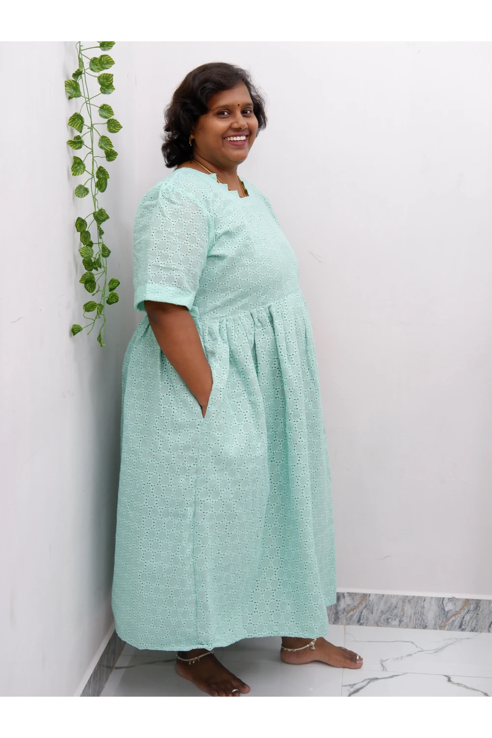 Trendy Puff Sleeve Kurti –Acoba Cotton Midi with lining Length Frock Style for Women