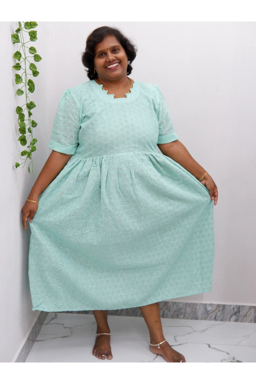 Trendy Puff Sleeve Kurti –Acoba Cotton Midi with lining Length Frock Style for Women