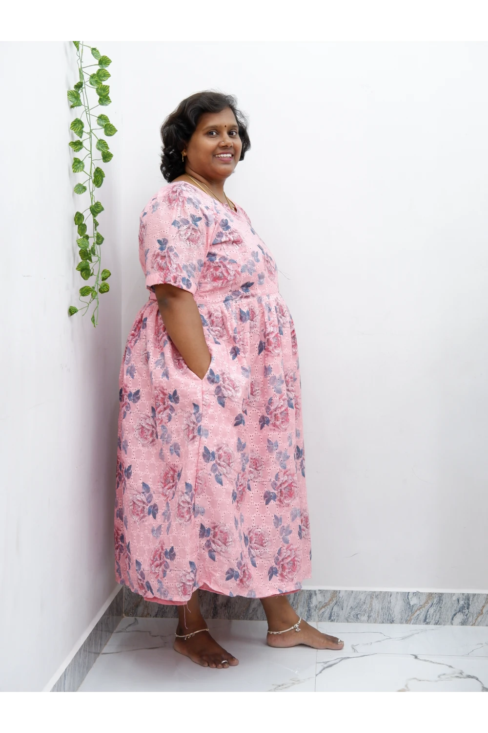 Trendy Puff Sleeve Kurti –Acoba Cotton Midi with lining Length Frock Style for Women