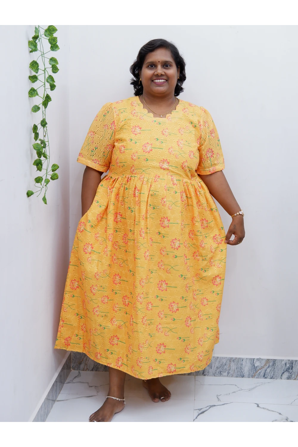 Trendy Puff Sleeve Kurti –Acoba Cotton Midi with lining Length Frock Style for Women