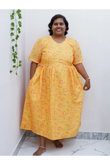 Trendy Puff Sleeve Kurti –Acoba Cotton Midi with lining Length Frock Style for Women